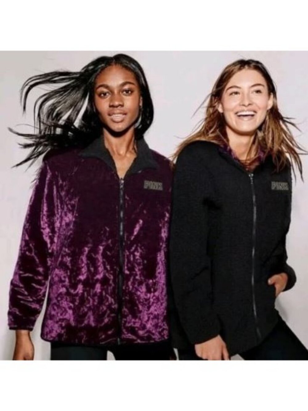 Victoria's Secret PINK Reversible Velour Sherpa Jacket Purple Black M Full Zip